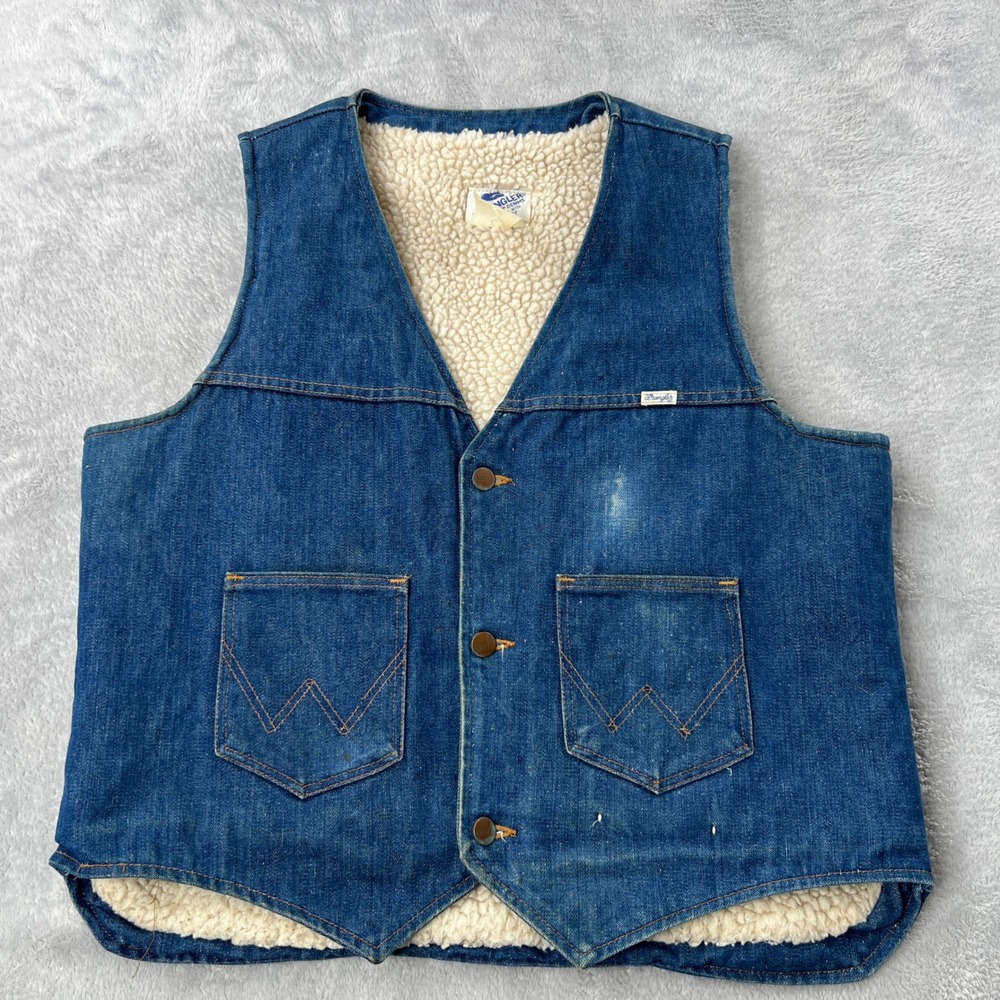 Wrangler Vest L Vintage Sherpa Lined Denim Made USA Western Workwear Blue Mens